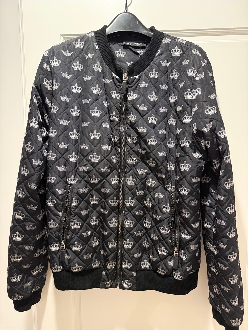 Dolce & Gabbana Black Quilted Crown-Print Bomber Jacket
